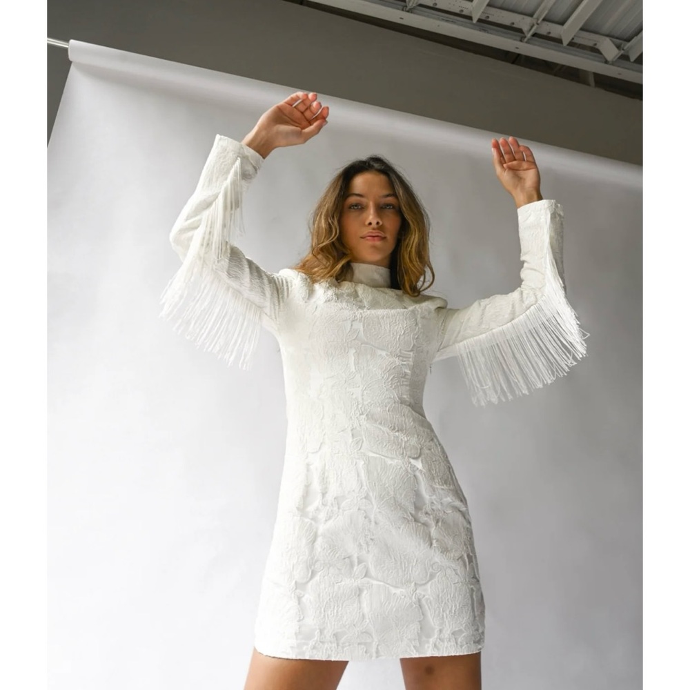 NWT White Sheath Dress with Mock Neck and Fringe Bell Sleeves